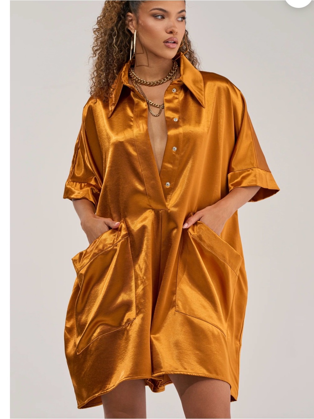 Satin Oversized Shirt Dress in Metallic Amber